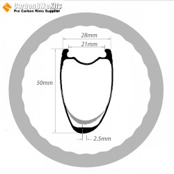Aro Ultraligero 405g Forma de Onda Asimétrica 700C 50x28mm Carbono Tubeless para Bicicleta de Carretera