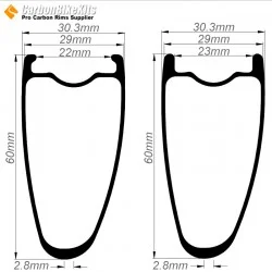 700C 60x29mm Asymmetric Carbon Tubeless Hooked/Hookless Road Bike Rim