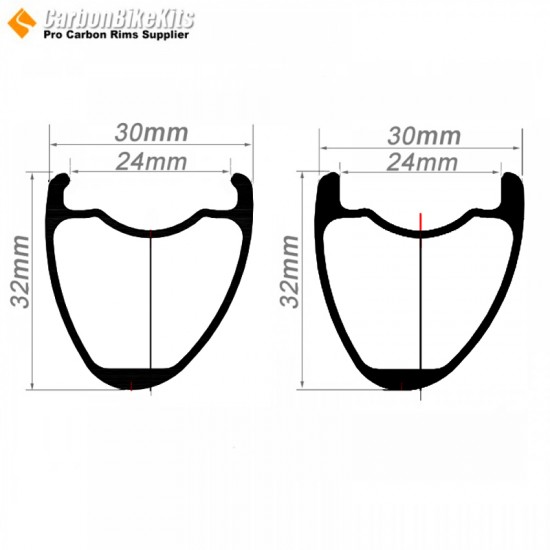 700C 32x30mm Asymtric Carbon Tubeless Hooked /Hookless Gravel / CX Rim ...