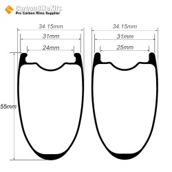 405g Ultralight 700C 55x31mm Symmetric Carbon Tubeless Gravel / CX Rim Big Hole Center Distance