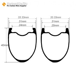 345g Ultralight 700C 40x31mm Symmetric Carbon Tubeless Gravel / CX Rim Big Hole Center Distance