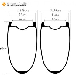 425g Ultralight 700C 60x31mm Symmetric Carbon Tubeless Gravel / CX Rim Big Hole Center Distance
