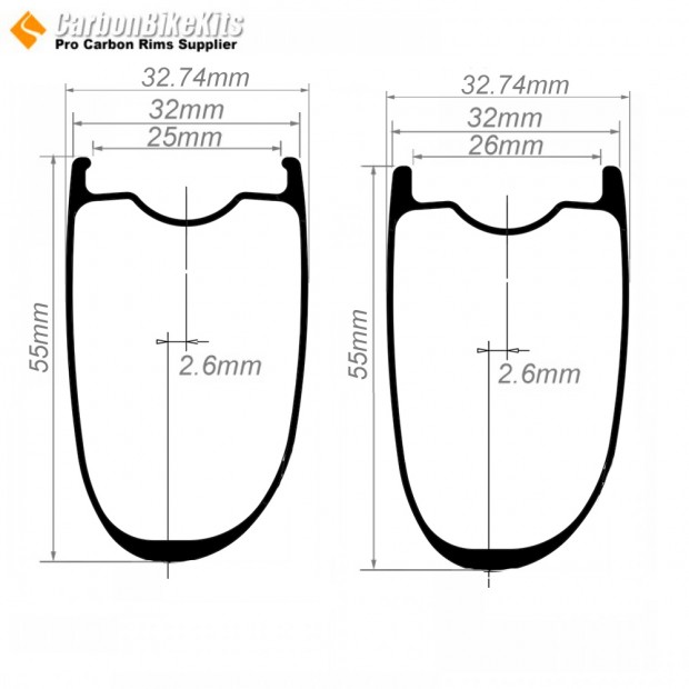 ultraleichte 700C 55x32mm asymmetrische Tubeless-Carbonfelge für Gravel / Cyclocross