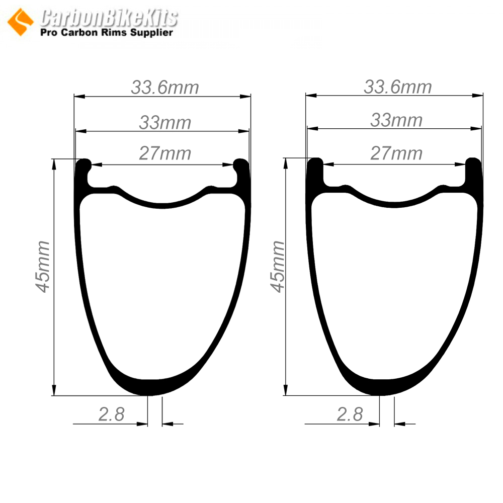 700C 45x33mm 非対称カーボン チューブレス グラベル/CX ホイール リム