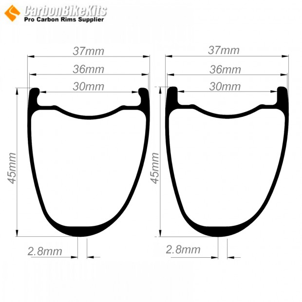 700C 45x36mm Ruota in Carbonio Asimmetrica Tubeless per Gravel / CX