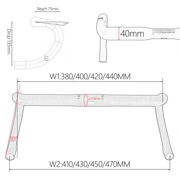 Manubrio Aero in Carbonio Ultra Leggero da 150g per Strada Manubrio Aero in Carbonio Ultra Leggero da 150g per Strada