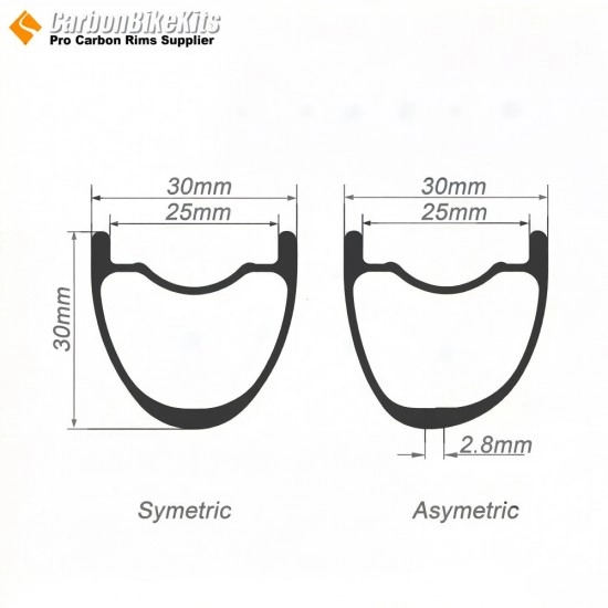 27.5er / 29er Carbon 30x30mm inner Width 25mm Tubeless Hookless Symetric / Asymmetric MTB Rim
