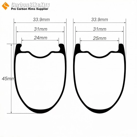 Ultraleicht 700C 45x31mm Symmetrische Carbon Tubeless Gravel / CX Felge mit großer Lochmittenabstand